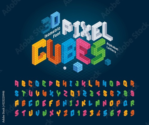 Vector of Cube Alphabet Letters and numbers, Abstract 3d Isometric Pixels stylized fonts photo