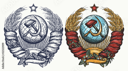 State emblem of Soviet Union.  Coat of arms USSR. Socialist Republics. Hand drawn vector. Tattoo and t-shirt design. Propaganda style. Communism and socialism art photo