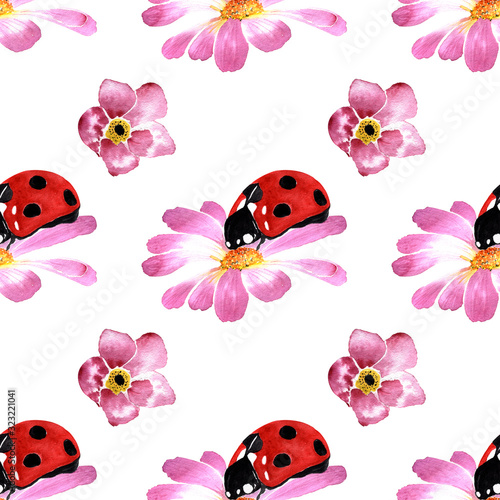 watercolor illustration. hand painted. Seamless pattern of pink flowers and ladybugs on a white background.