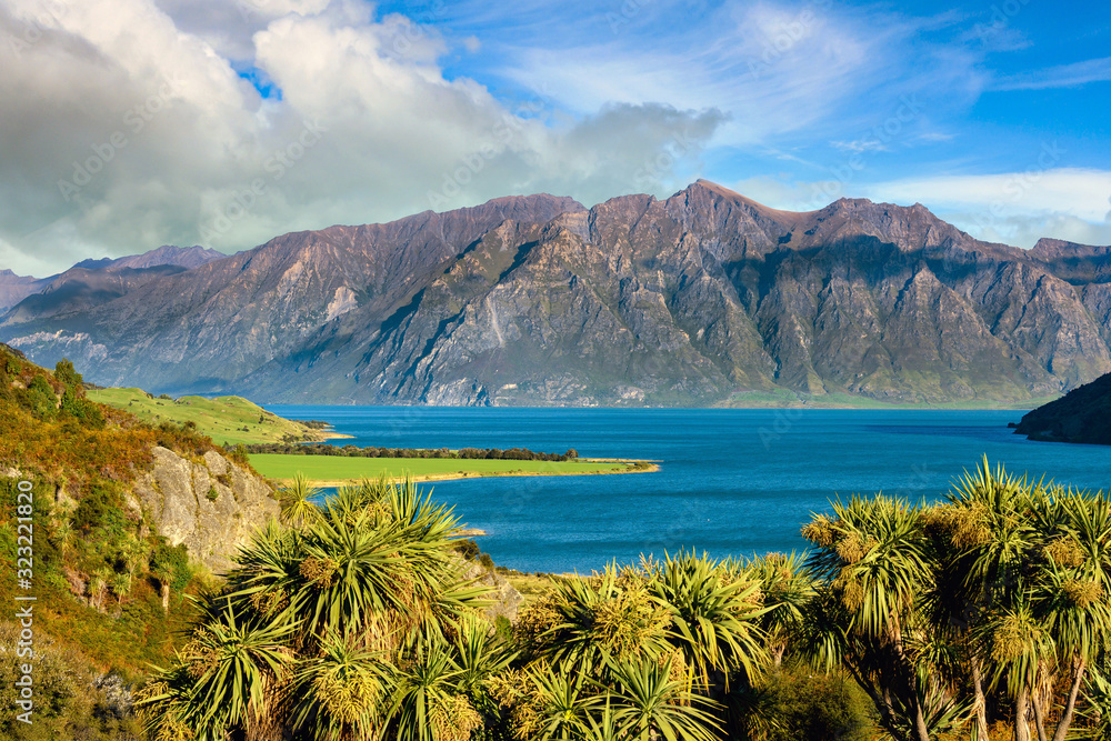 Mountain views and Lake Hawea. In summer, there are green grass and blue skies with beautiful clouds at The Neck, Otago, New Zealand.