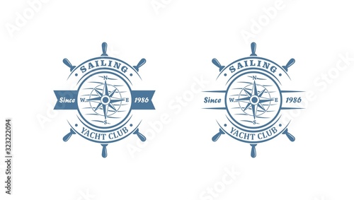 Set of color logos for yacht club. Vector illustration of a steering wheel, compass, waves and text on a white background. The illustration advertises sailing and a trip on a yacht.