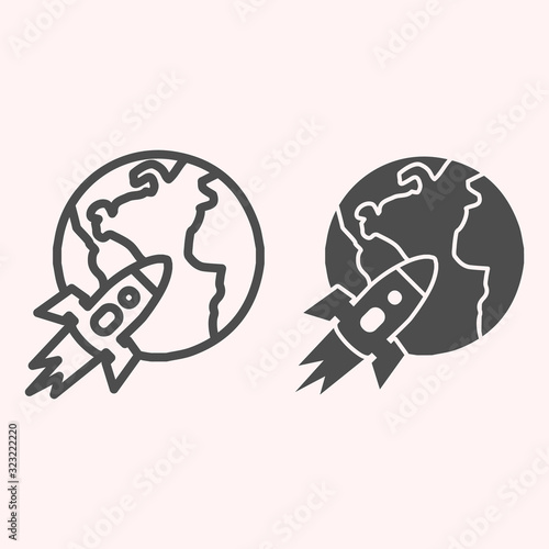 Rocket with planet line and glyph icon. Earth with flying spaceship. Astronomy vector design concept, outline style pictogram on white background, use for web and app. Eps 10. photo