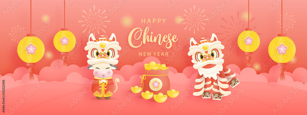 Happy Chinese New Year with year of ox. 2021 for card and banner. Vector illustration Happy Chinese New Year with year of ox. 2021 for card and banner. Vector illustration