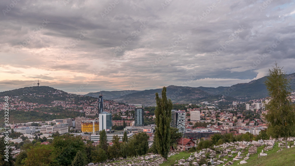 City panorama from Old Jewish cemetery day to night timelapse in Sarajevo