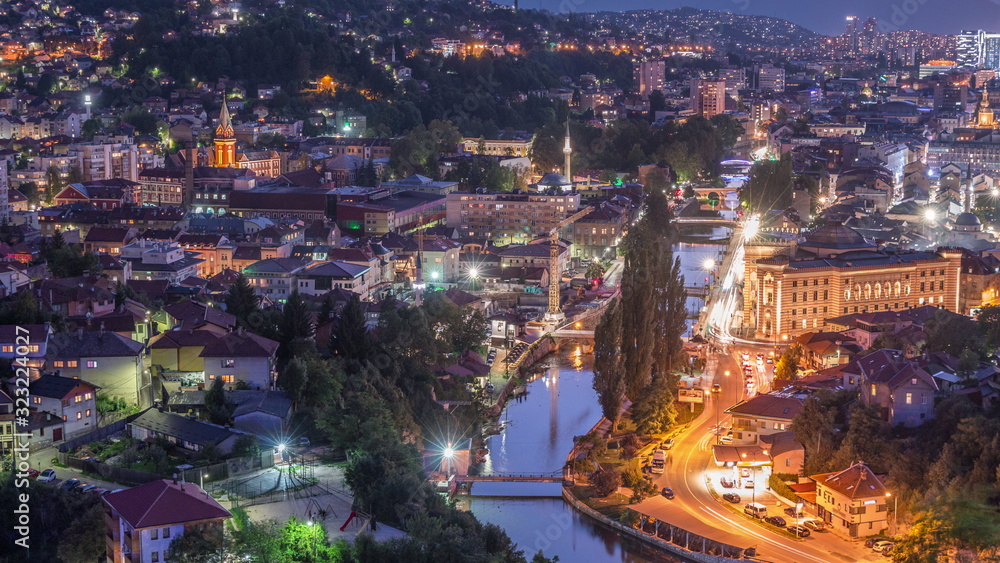 City view of Sarajevo from most popular panoramic spot in Sarajevo day to night timelapse.