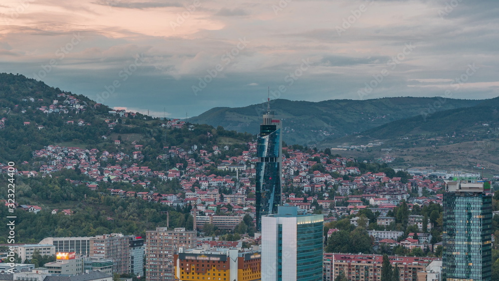 City panorama from Old Jewish cemetery day to night timelapse in Sarajevo