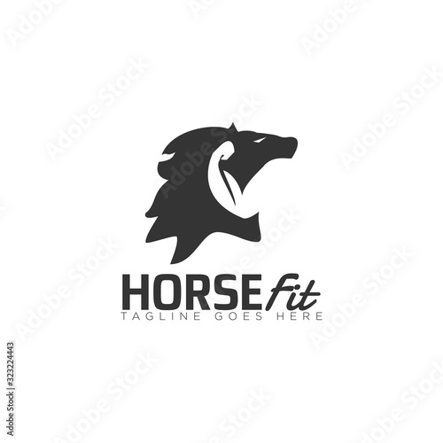 Fototapeta Naklejka Na Ścianę i Meble -  Horse fit logo, with head horse and negative space of muscular arm 