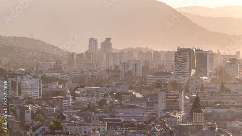 Panoramic aerial cityscape of the historical downtown of Sarajevo timelapse photo