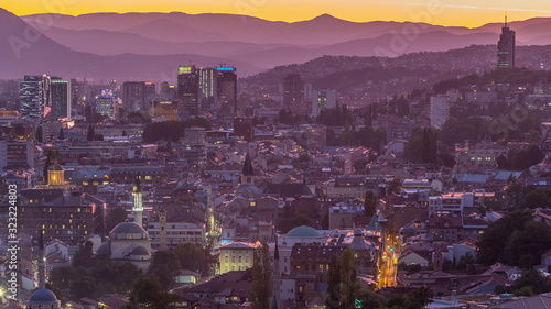 City view of Sarajevo from most popular panoramic spot in Sarajevo day to night timelapse. photo