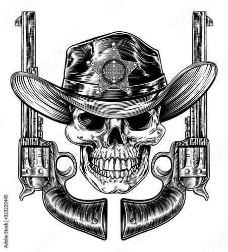 Cowboy grim reaper skull in western hat with star sheriff bagde drawing in a vintage retro woodcut etched or engraved style with pair of pistols or hand guns