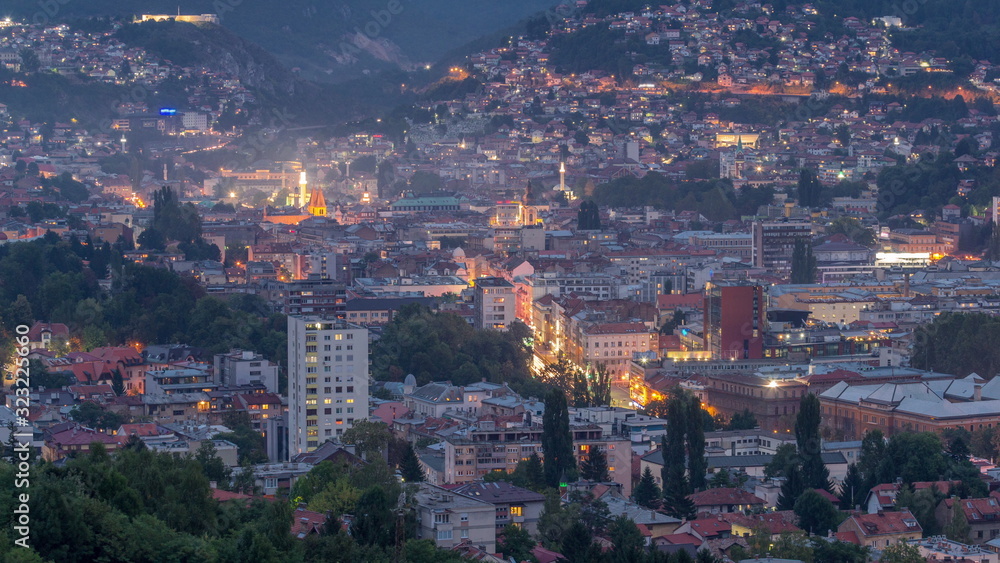 Aerial view of the historic part of Sarajevo city day to night timelapse.
