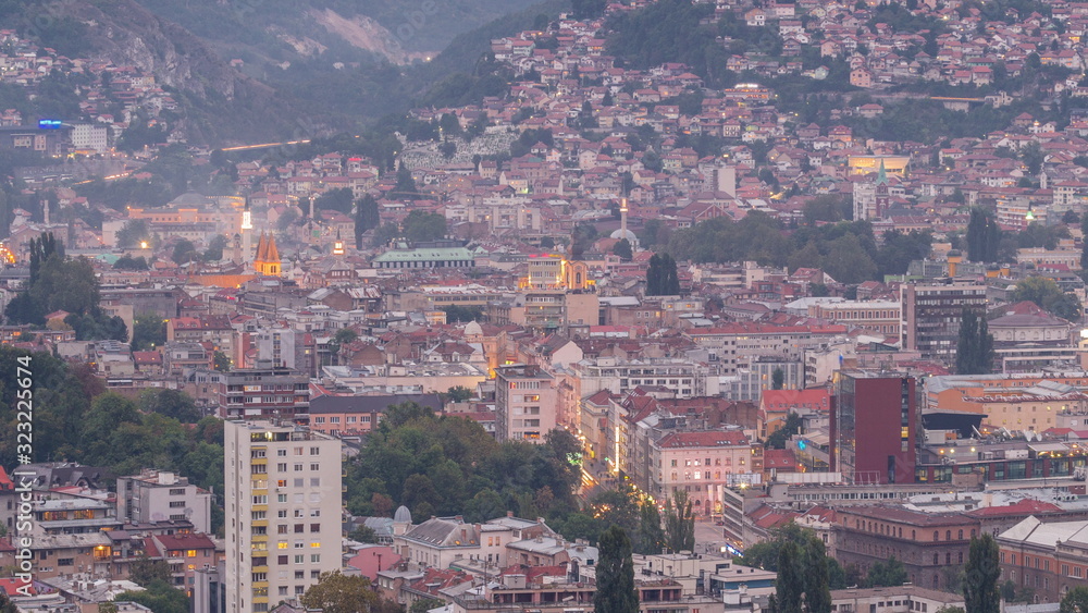 Aerial view of the historic part of Sarajevo city day to night timelapse.