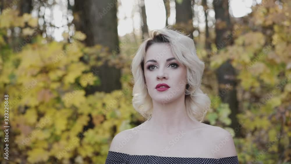 Beautiful lady with make-up looks aside and smiles in autumn park Beautiful lady with make-up looks aside and smiles in autumn park