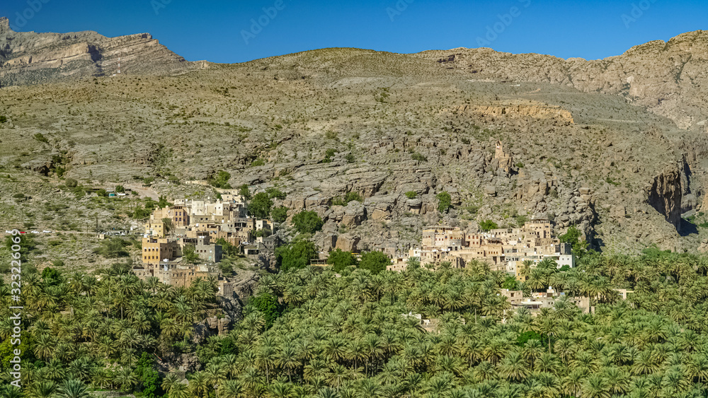 Misfat al Abriyeen near Nizwa, Oman. Panoramic View of Old Mountainous Village