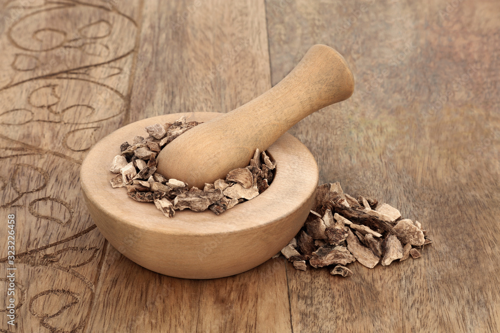 Calamus herb root in a mortar with pestle used in herbal medicine to