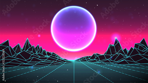 80s Retro Background. Retro Future Landsacape. 3d Wireframe Valley. Bright Pink Sunset. Sci-fi Sphere Planet or Bubble. Synthwave party flyer, poster, banner, print template. Stock Vector Illustration photo