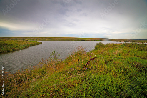 summer landscape with river  sky and surrounding plants