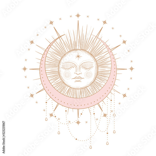 Set of mystical and mysterious illustrations in hand drawn style. Minimalistic objects made in the style. boho style signs and symbols. outer space, moon, sun system. vector.