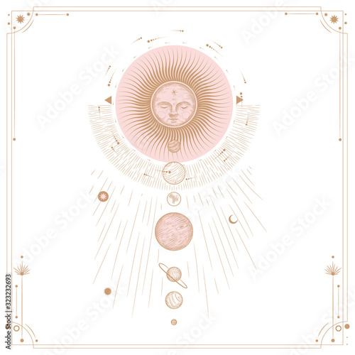 Set of mystical and mysterious illustrations in hand drawn style.  Minimalistic objects made in the style.  boho style signs and symbols. outer space, moon, sun system. vector.