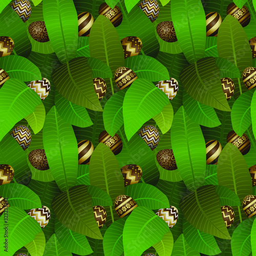 Papier peint 3D pour chambre - Papier peint Motif 3D pour Pâques d’œufs au chocolat dans un fond de feuilles tropicales.