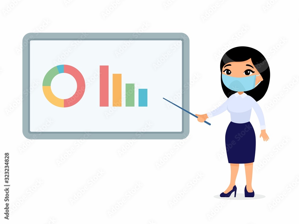 Asian woman in an office suit points to a demo board with graphs. Character with a protective mask on his face. Virus protection, allergies concept. Vector illustration on a white background.
