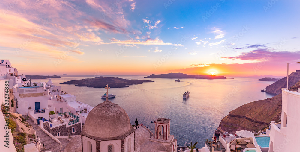Amazing evening view of Santorini island. Picturesque spring sunset on the famous Greek resort Fira, Greece, Europe. Traveling concept background. Artistic style post processed photo. Summer vacation - obrazy, fototapety, plakaty 