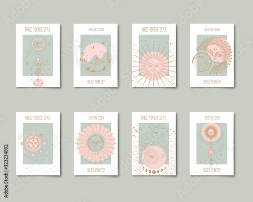 Set of mystical and mysterious illustrations in hand drawn style.  Minimalistic objects made in the style.  boho style signs and symbols. outer space, moon, sun system. vector.