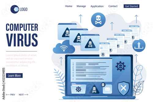 Network piracy danger landing page template. Program code and computer virus.