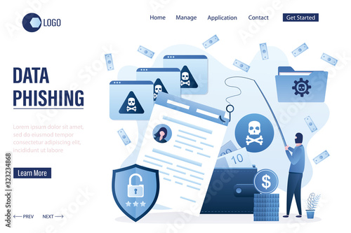 Data phishing landing page template. Online scam, malware and password phishing.