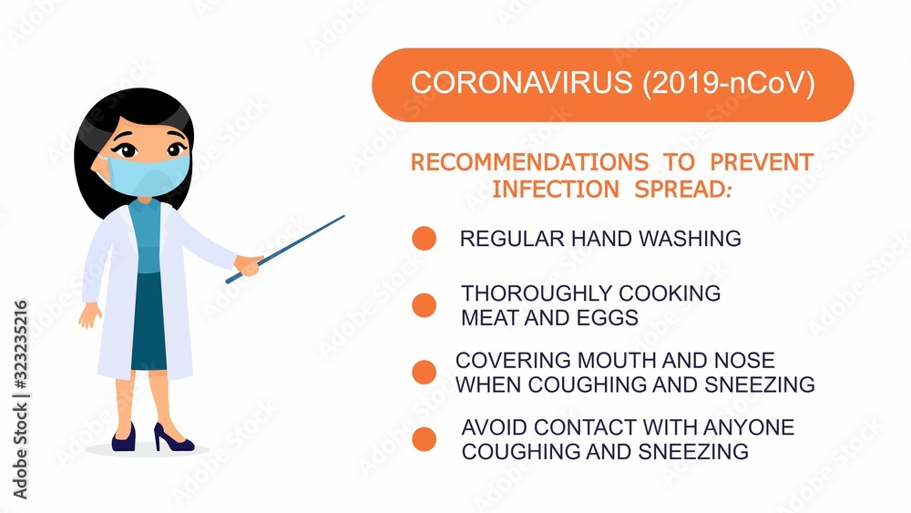 Asian woman doctor shows a list of recommendations for protection against coronavirus. Character with a medical mask on her face. Virus protection infographics. Vector illustration Asian woman doctor shows a list of recommendations for protection against coronavirus. Character with a medical mask on her face. Virus protection infographics. Vector illustration