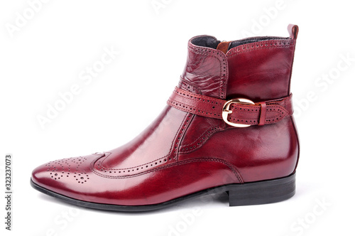 Burgundy high-top men's leather shoes on white
