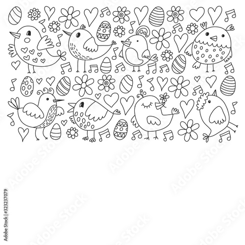 Pattern kids fabric, textile, nursery wallpaper. Vector illustration. Hand drawn singing birds and flowers for little children.