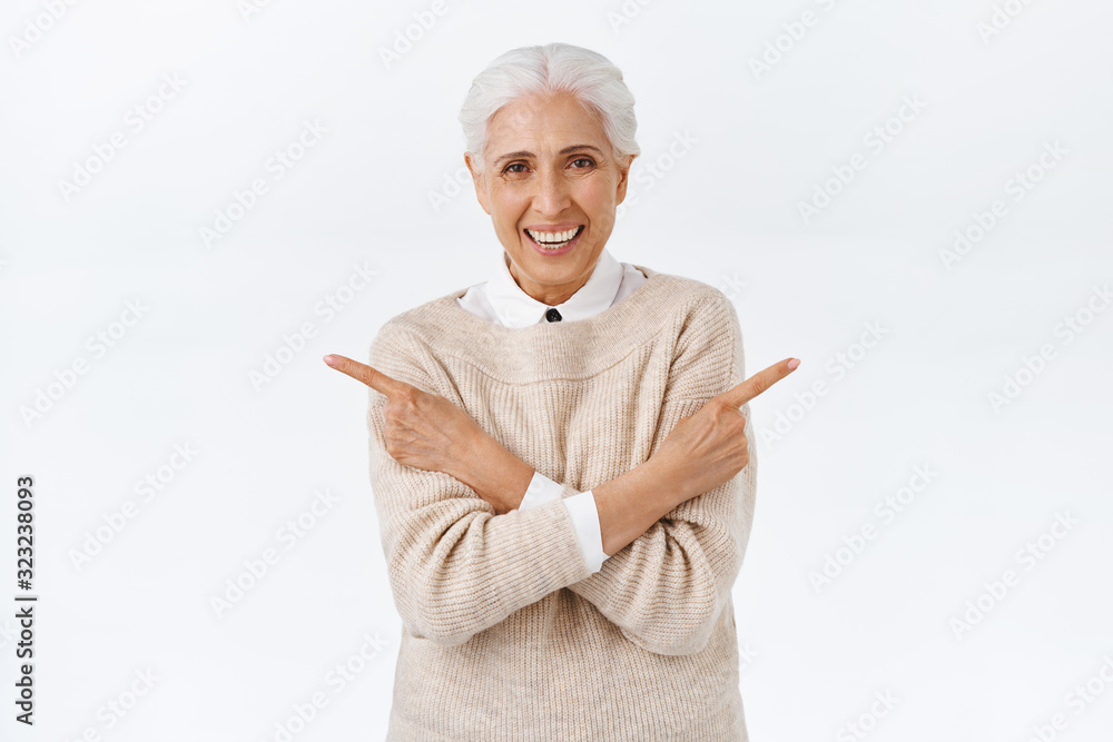 Φωτογραφία Cheerful, lovely senior woman with grey combed hair, wear fancy elegant clothes,