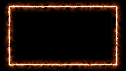 Empty frame with fire border glowing, burning flame signboard. Blank rectangle sign fire flames around frame lights. The best stock of photo image signboard orange fire burning on black background