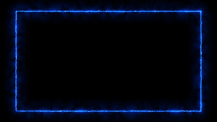 Empty frame with electric power round border glowing, burning flame sign. Blank rectangle fire with electric power around frame lights. The best stock photo image of blue electric energy power