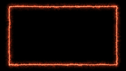 Empty frame with fire border glowing, burning flame signboard. Blank rectangle sign fire flames around frame lights. The best stock of photo image signboard orange fire burning on black background