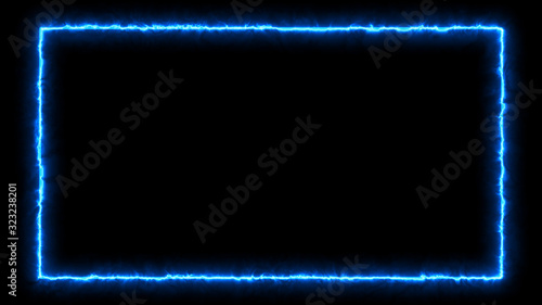 Empty frame with electric power round border glowing, burning flame sign. Blank rectangle fire with electric power around frame lights. The best stock photo image of blue electric energy power