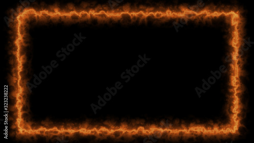 Empty frame with fire border glowing, burning flame signboard. Blank rectangle sign fire flames around frame lights. The best stock of photo image signboard orange fire burning on black background