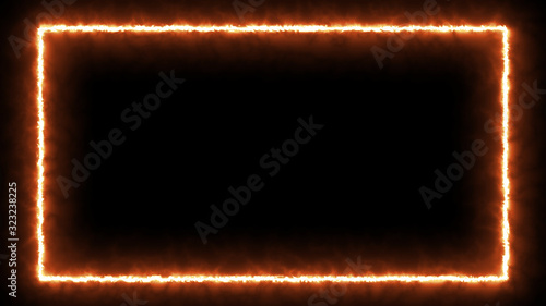 Empty frame with fire border glowing, burning flame signboard. Blank rectangle sign fire flames around frame lights. The best stock of photo image signboard orange fire burning on black background photo