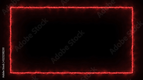 Empty frame with fire border glowing, burning flame signboard. Blank rectangle sign fire flames around frame lights. The best stock of photo image signboard red fire burning on black background