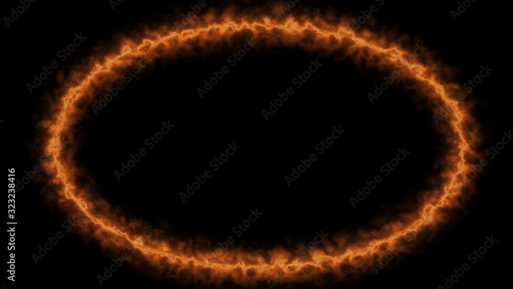 Empty e lip circle, circular frame with fire border glowing, burning flame signboard. Blank elip circle sign fire flames around frame lights. The best stock of image frame signboard orange fire burn