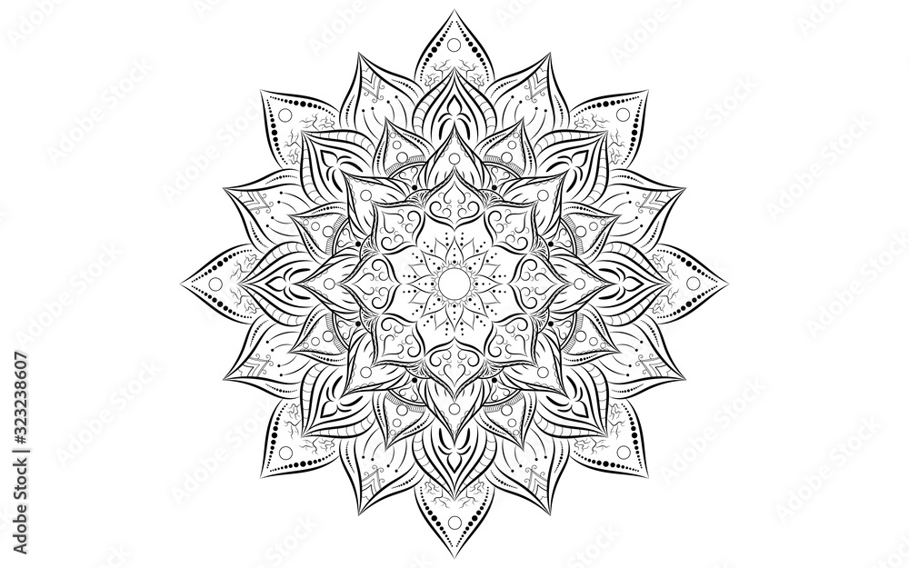 Circle pattern petal flower of mandala with black and white,Vector floral mandala relaxation patterns unique design with white background,Hand drawn pattern,concept meditation and relax