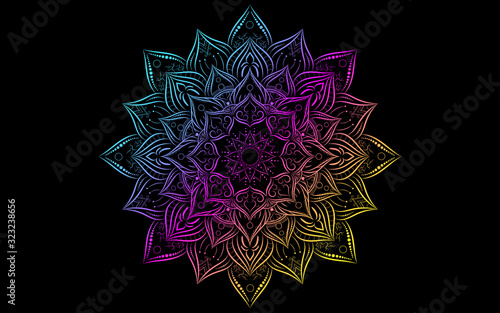 Circle pattern petal flower of mandala with Geadient colorful,Vector floral mandala patterns unique design with black background,Hand drawn pattern