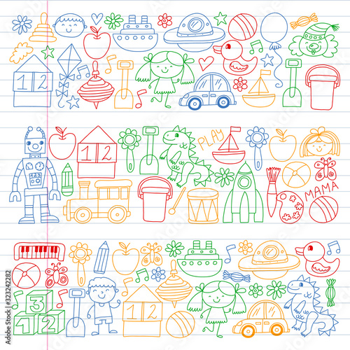 Kindergarten preschool school children. Kids drawing style vector pattern. Play grow learn together.