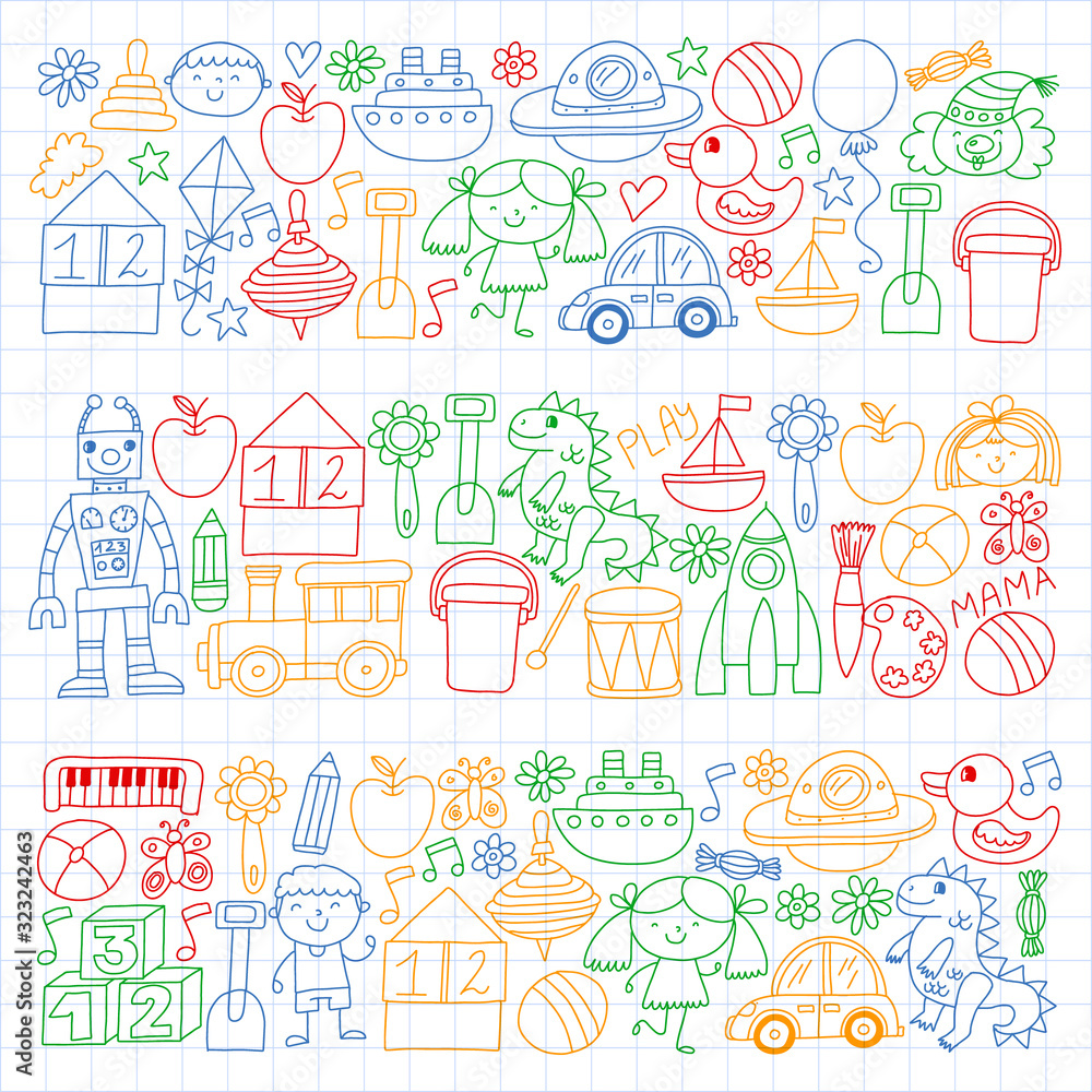 Kindergarten preschool school children. Kids drawing style vector pattern. Play grow learn together.