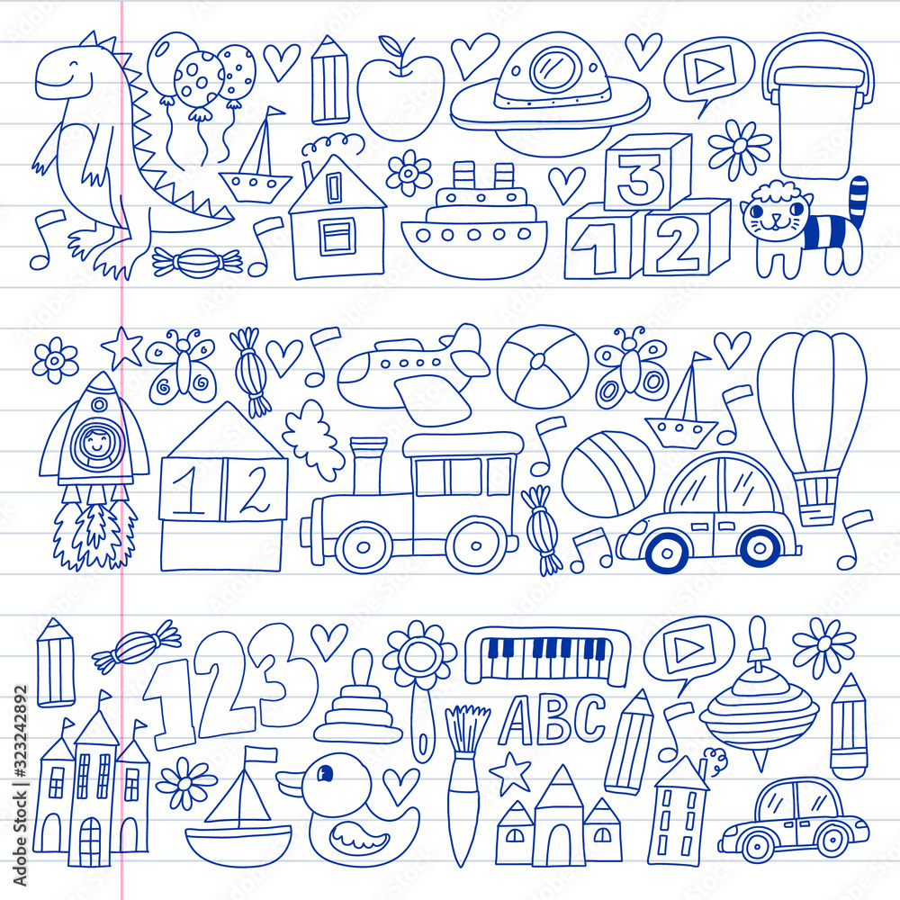 Vector pattern with children toys. Robot, rocket, horse, doll Vector pattern with children toys. Robot, rocket, horse, doll