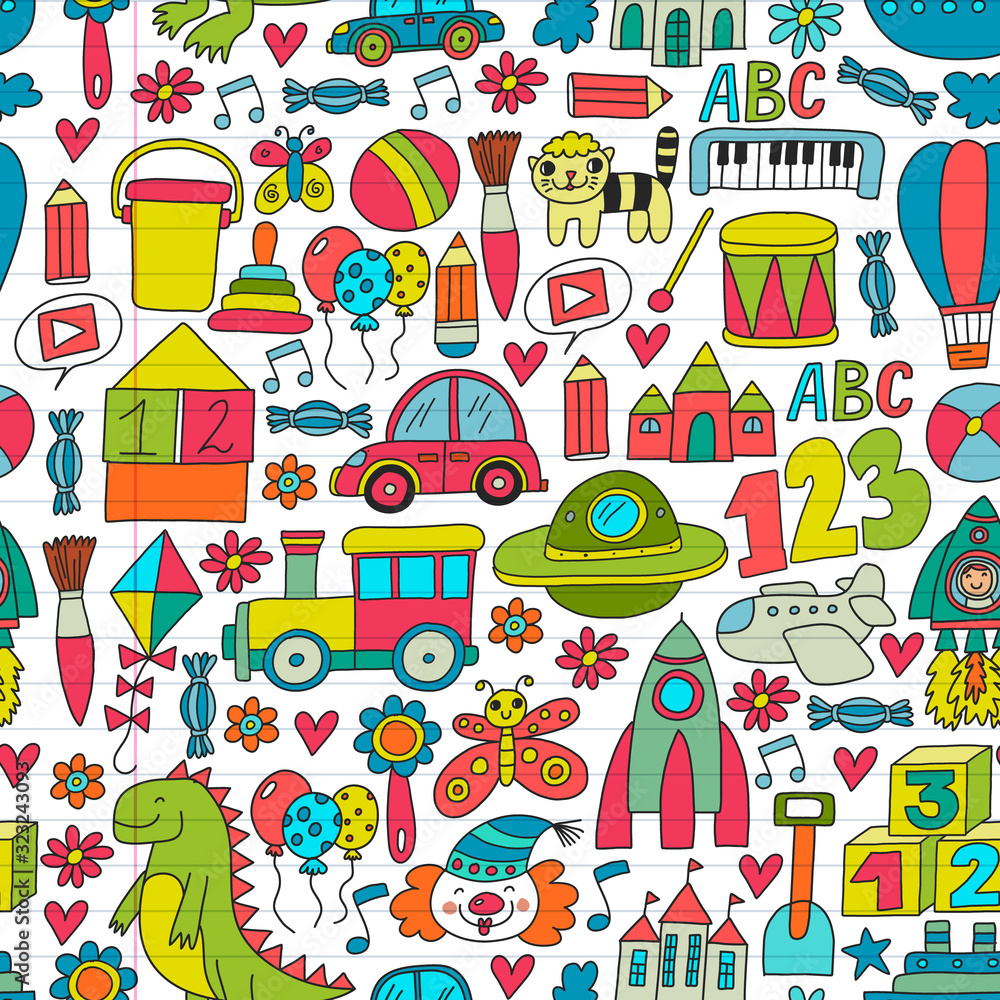 Vector pattern with children toys. Robot, rocket, horse, doll