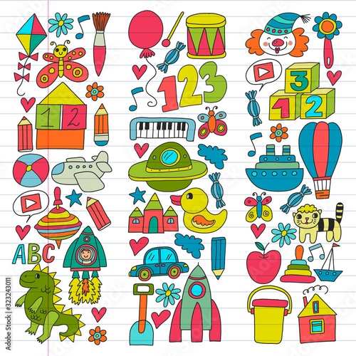 Vector pattern with children toys. Robot, rocket, horse, doll