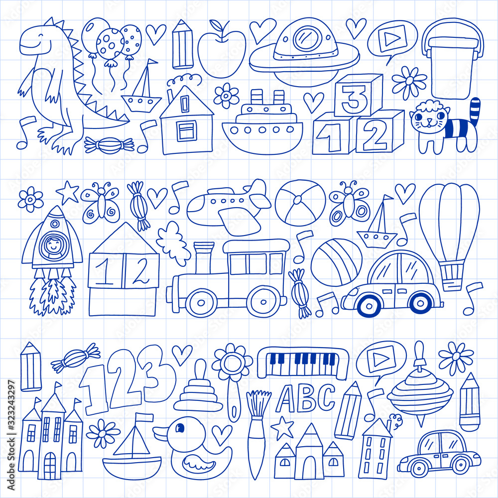 Vector pattern with children toys. Robot, rocket, horse, doll Vector pattern with children toys. Robot, rocket, horse, doll