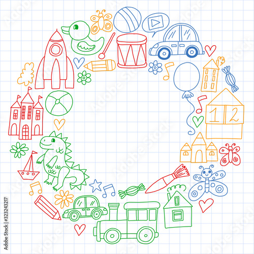 Vector pattern with children toys. Robot, rocket, horse, doll